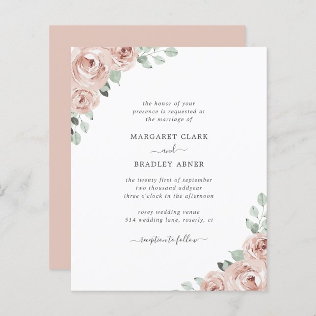 Floral Dusty Rose Budget Wedding Invitation (Front/Back)