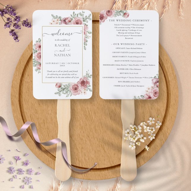 Floral Dusty Rose Elegant Wedding Program Hand Fan (Floral Dusty Rose Elegant Wedding Program Hand Fan)