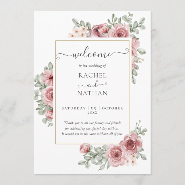 Floral Dusty Rose Elegant Wedding Program Invitation (Front)