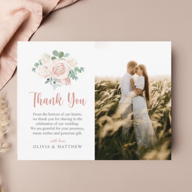 Floral Dusty Rose Eucalyptus Elegant Photo Wedding Thank You Card (Creator Uploaded)