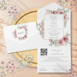 Floral Dusty Rose Gold Geometric QR Code Wedding All In One Invitation<br><div class="desc">All in one wedding invitation featuring pretty dusty rose floral flowers and a chic gold frame border. The invitation includes a perforated RSVP card with your wedding website QR code and details. Designed by Thisisnotme©</div>