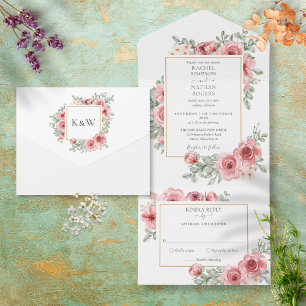 Floral Dusty Rose Gold Geometric Wedding All In One Invitation