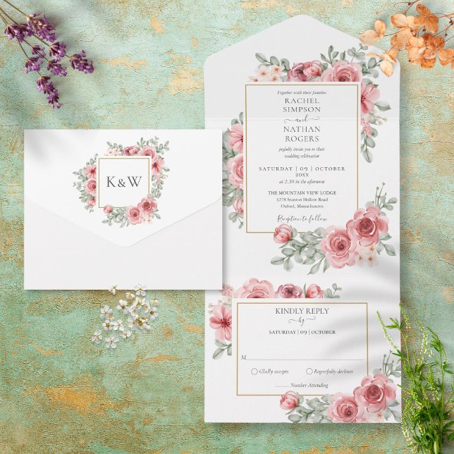 Floral Dusty Rose Gold Geometric Wedding All In One Invitation (Creator Uploaded)