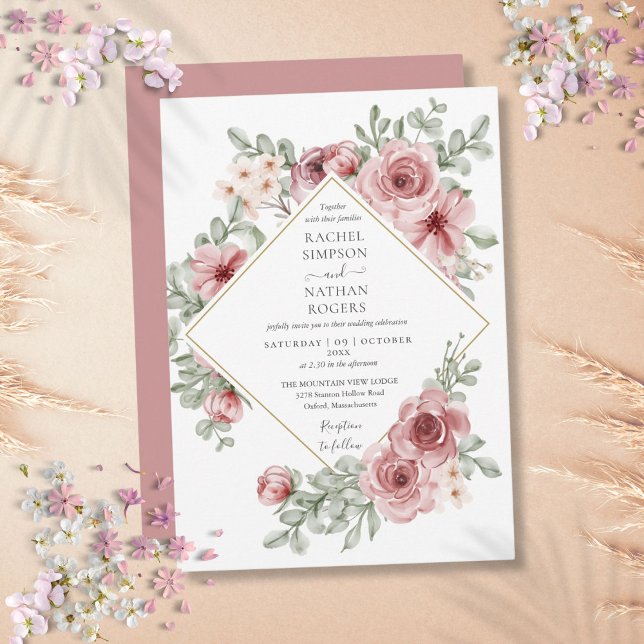Floral Dusty Rose Gold Geometric Wedding Invitation (Floral Dusty Rose Gold Geometric Wedding Invitation)