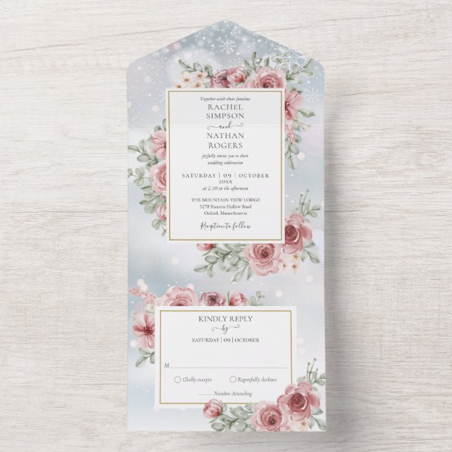 Floral Dusty Rose Gold Geometric Winter Wedding All In One Invitation (Inside)