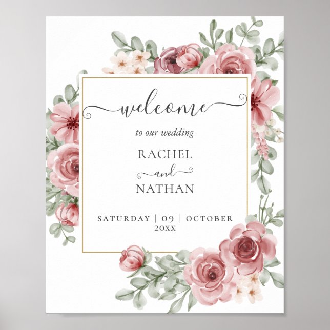 Floral Dusty Rose Gold Wedding Welcome Sign (Front)
