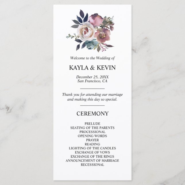 Floral Dusty Rose Mauve Navy Blue Wedding Ceremony Programme (Front)