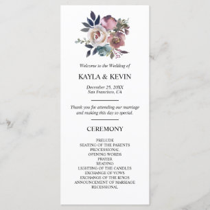 Floral Dusty Rose Mauve Navy Blue Wedding Ceremony Programme