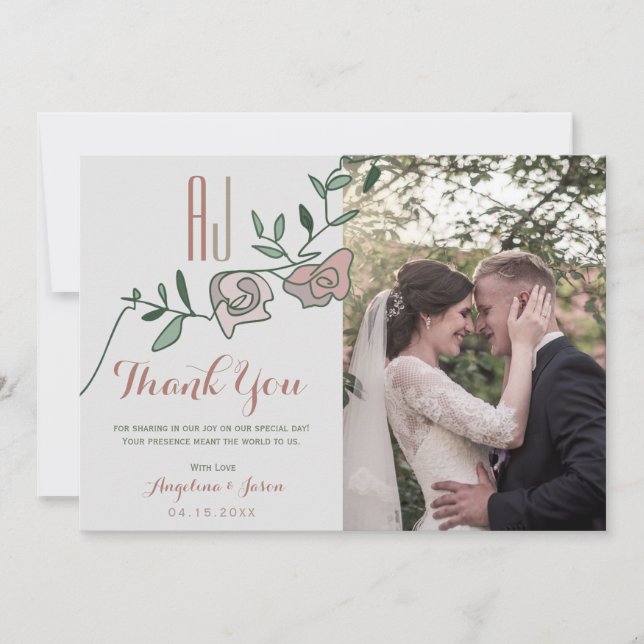 Floral Dusty Rose Photo Wedding Thank You Card (Front)