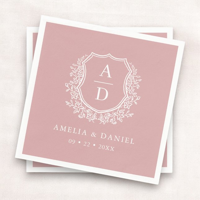 Floral Dusty Rose Pink Crest Wedding Monogram Napkin (Creator Uploaded)