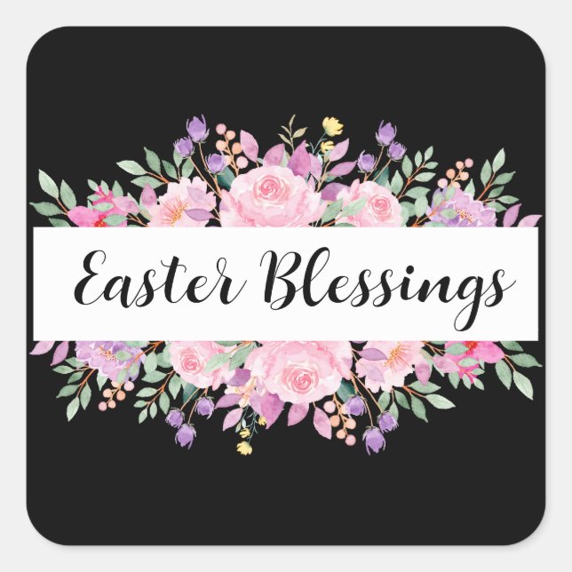 Floral Easter Blessing Classy Custom Text Square Sticker (Front)