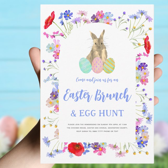 Floral Easter Brunch and Egg Hunt  Invitation (Easter brunch and egg hunt boho wildflower bunny invitation )