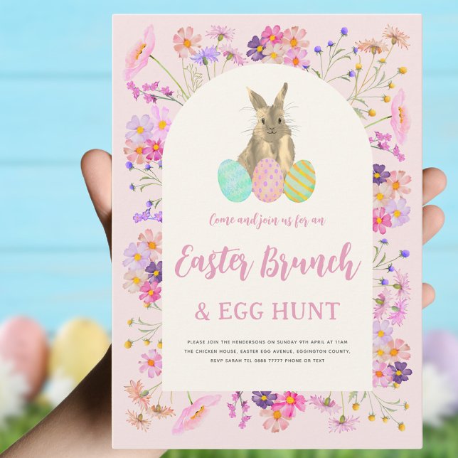 Floral Easter Brunch and Egg Hunt  Invitation (Easter brunch and egg hunt boho wildflowers and bunny pink invitation )