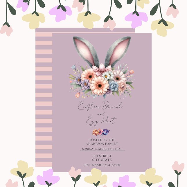 Floral Easter Brunch Bunny Ears Purple Invitation (Creator Uploaded)