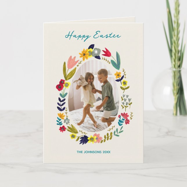 Floral Easter Bunny Family Photo Spring Greeting Holiday Card (Front)