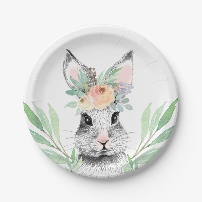 Floral Easter Bunny Paper Plate (Front)