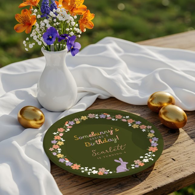 Floral Easter Bunny Somebunny’s Having a Birthday Paper Plate (Floral Easter Bunny Somebunny’s Having a Birthday Paper Plates)