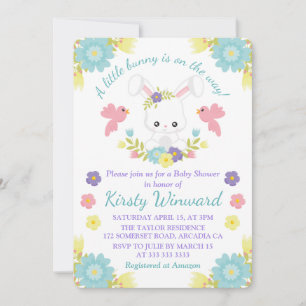 Floral Easter Bunny & Spring Birds Baby Shower Invitation