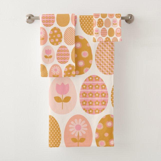 Floral Easter Egg Pattern in Boho Pink Yellow Gold Bath Towel Set (Insitu)