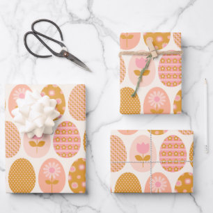 Floral Easter Egg Pattern in Boho Pink Yellow Gold Wrapping Paper Sheet