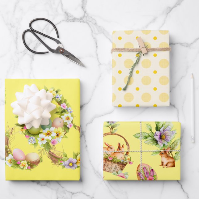 Floral Easter Eggs and Cute Bunnies Wrapping Paper Sheet (Front)