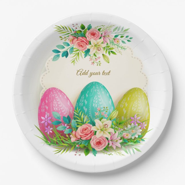 Floral Easter Eggs & Pink Roses Personalized Party Paper Plate (Front)