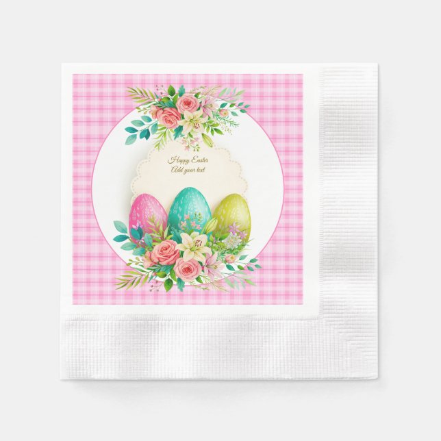 Floral Easter Eggs & Watercolor Pink Roses Napkin (Front)