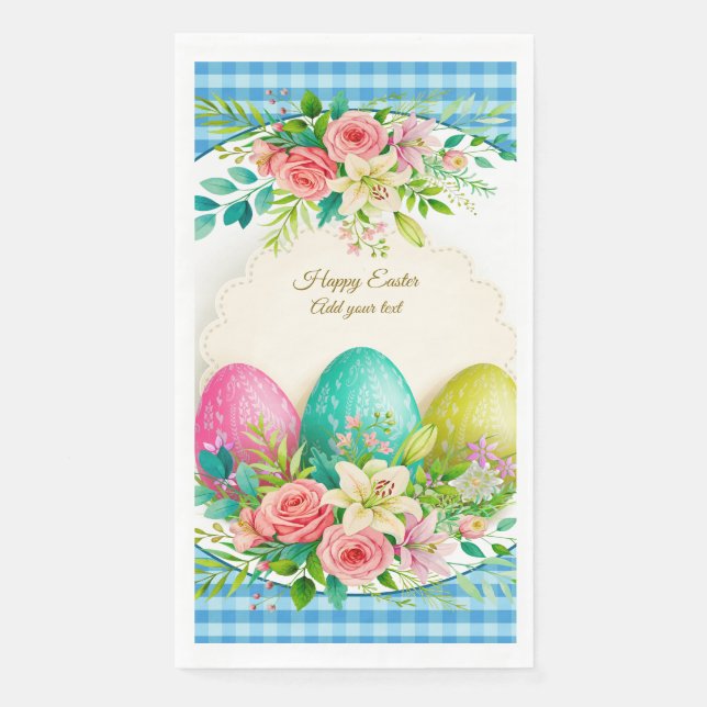 Floral Easter Eggs & Watercolor Pink Roses Napkin (Front)