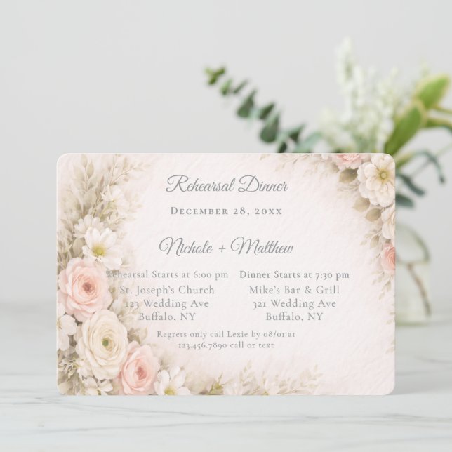 Floral Editorial Bouquet Rehearsal Dinner Invitation (Standing Front)