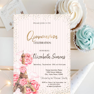 Floral Eiffel Tower Confetti Striped Quinceañera Invitation