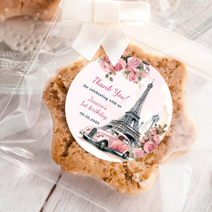 Floral Eiffel Tower Paris 1st Birthday Party  Classic Round Sticker