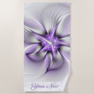 Floral Elegance Abstract Violet Fractal Art Name Beach Towel