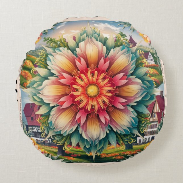Floral Elegance: German Stamp Art Round Cushion (Front)