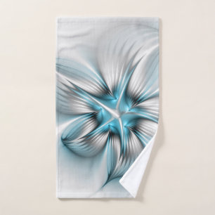Floral Elegance Modern Abstract Blue Fractal Art Hand Towel