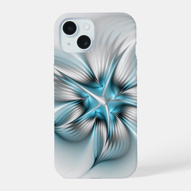 Floral Elegance Modern Abstract Blue Fractal Art iPhone 15 Case (Back)
