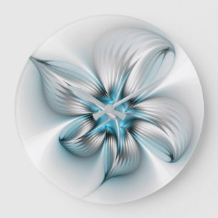 Floral Elegance Modern Abstract Blue Fractal Art Large Clock