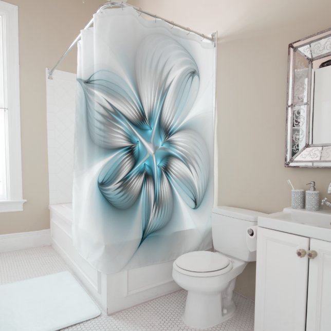 Floral Elegance Modern Abstract Blue Fractal Art Shower Curtain (In Situ)