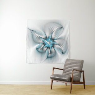 Floral Elegance Modern Abstract Blue Fractal Art Tapestry