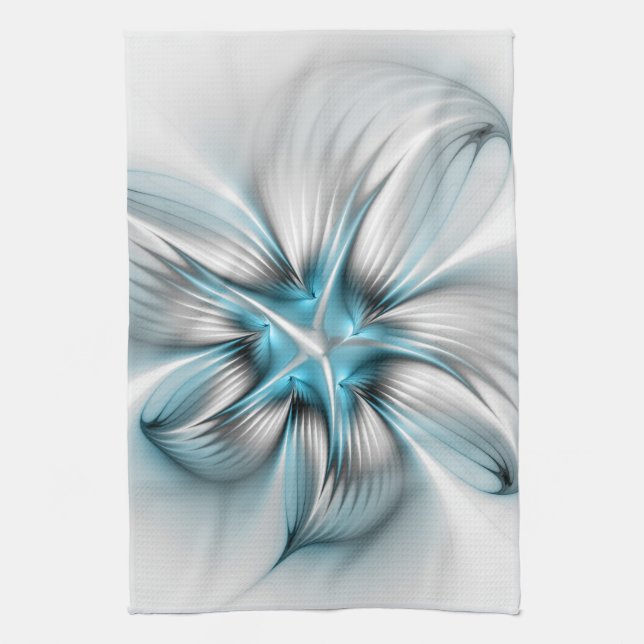 Floral Elegance Modern Abstract Blue Fractal Art Tea Towel (Vertical)