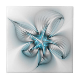 Floral Elegance Modern Abstract Blue Fractal Art Tile