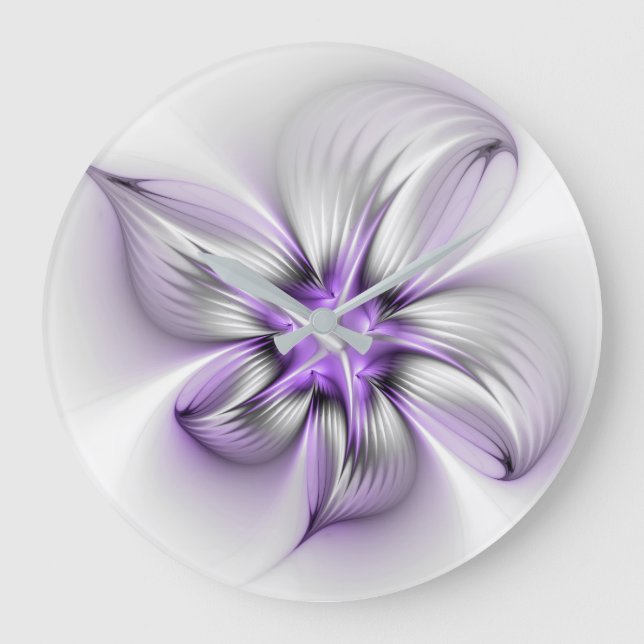 Floral Elegance Modern Abstract Violet Fractal Art Large Clock (Front)