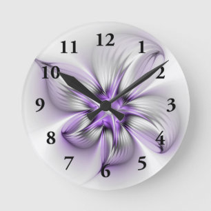Floral Elegance Modern Abstract Violet Fractal Art Round Clock