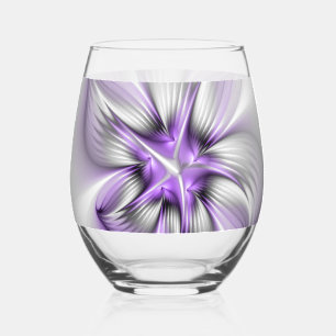 Floral Elegance Modern Abstract Violet Fractal Art Stemless Wine Glass