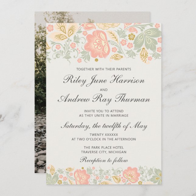 Floral Elegance Peach Blush Sage Classic Wedding Invitation (Front/Back)