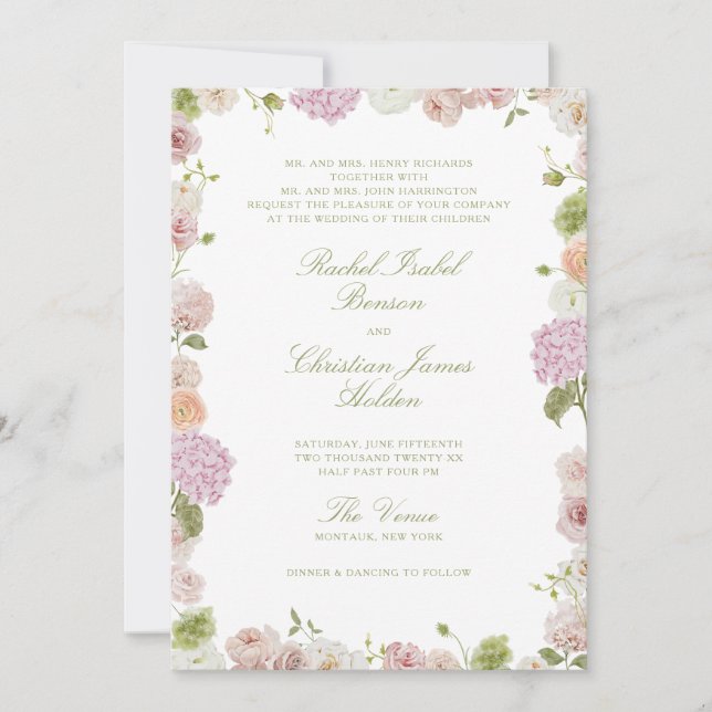 Floral Elegance Pink Green Frame Wedding Invitation (Front)