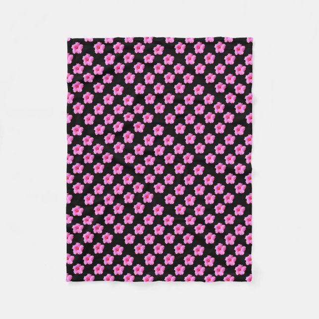 "Floral Elegance: Pink Hibiscus Blooms on Black" Fleece Blanket (Front)