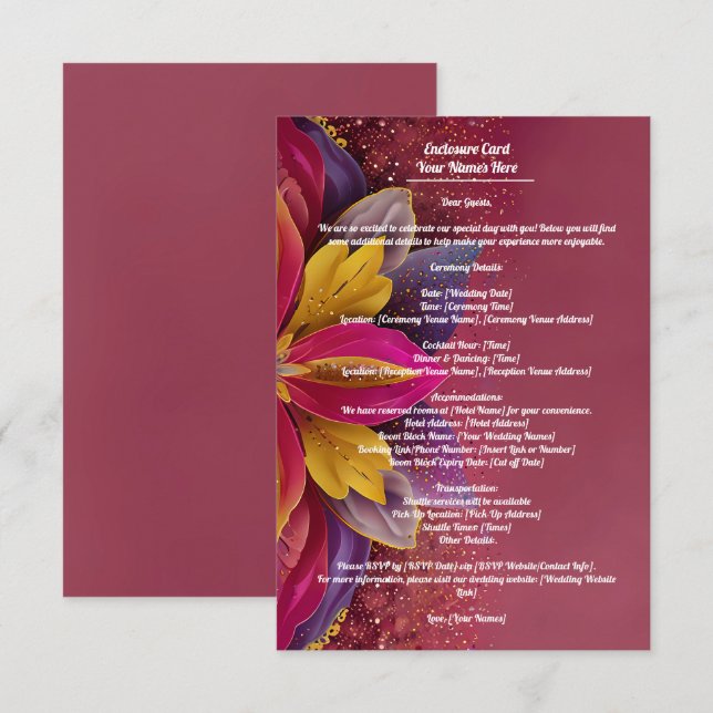 Floral Elegance , Pink Sparkle Wedding Collection Enclosure Card (Front/Back)