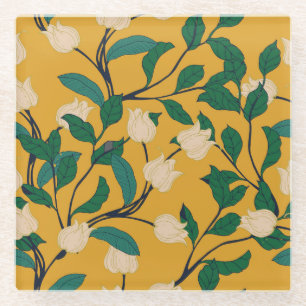 Floral Elegance: Vintage Leafy Pattern. Glass Coaster