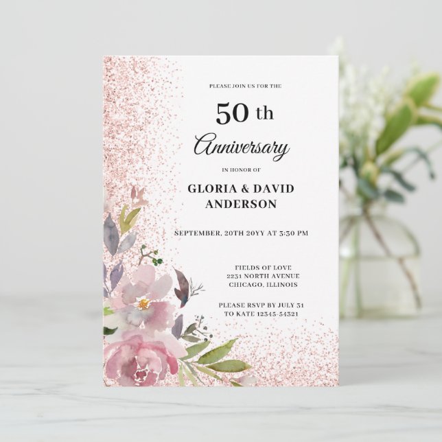  Floral Elegant 50th Wedding Anniversary Invitation (Standing Front)