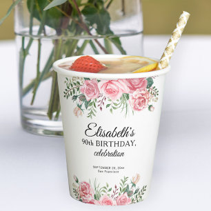 Floral elegant 90th birthday party  paper cups